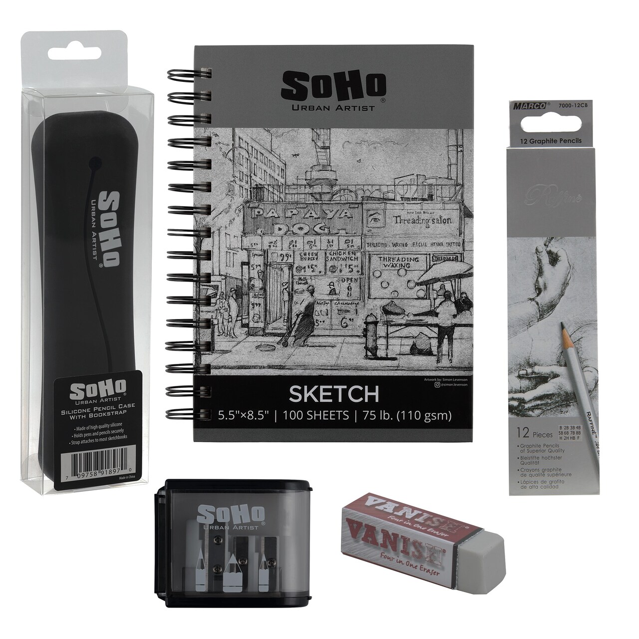 Jerry's Artarama Back to School Graphite Artist Sketch Bundle - Silicone Notebook Pencil Pouch, Raffine Graphite Pencil Set, Spiral Bound Sketch Pad, Vanish 4 in 1 Eraser & 3 Hole Pencil Sharpener